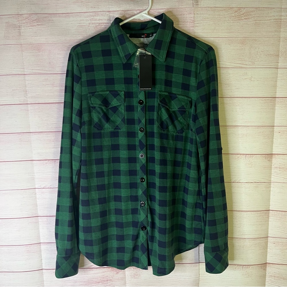 DJT NEW Blue Green Long Sleeve Plain Flannel Button Donw‎ Shirt Size Large